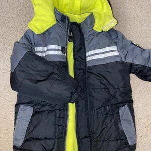 Black and Gray Puffer Jacket with Neon Accents
